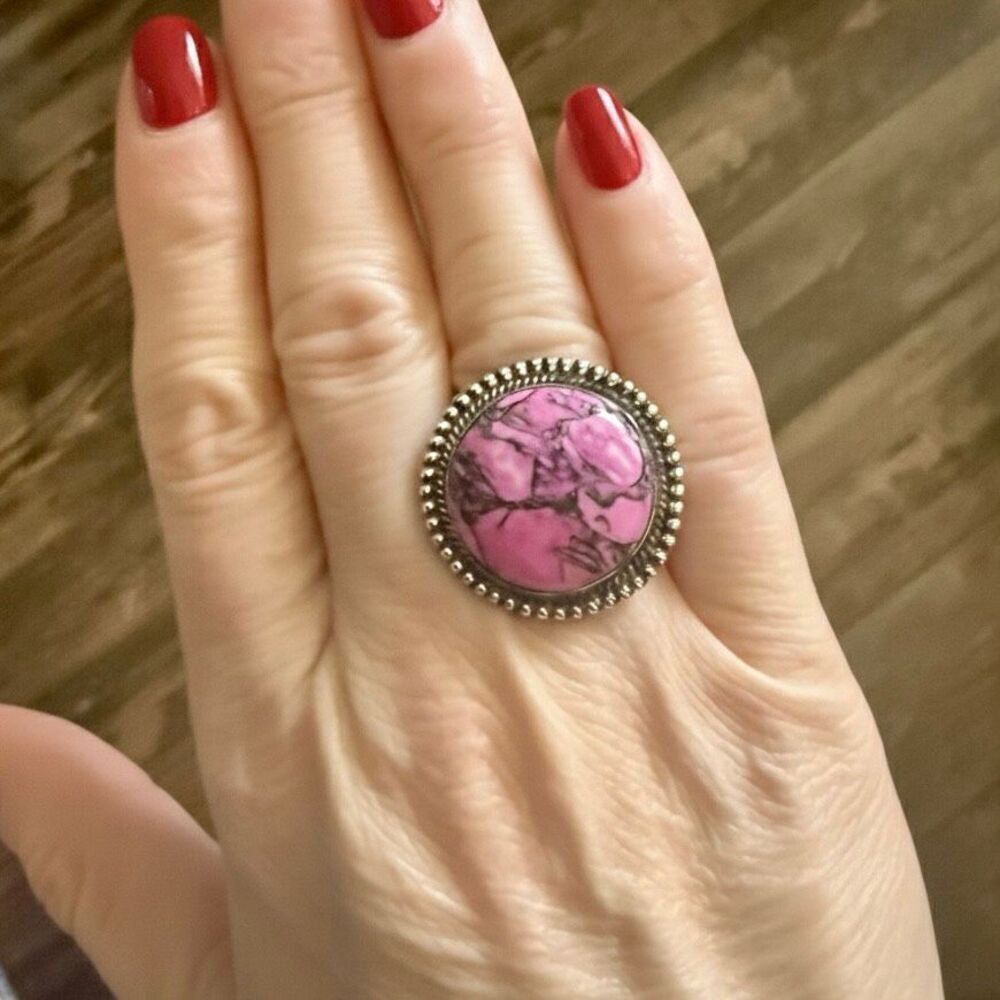 Pink Cherry Blossom Turquoise Statement Silver Ring - Large Cabochon Boho Size 6 - Picture 7 of 7